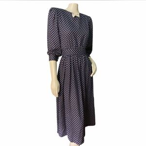 LANZ Navy Polka Dot Midi Dress with Bow Accent